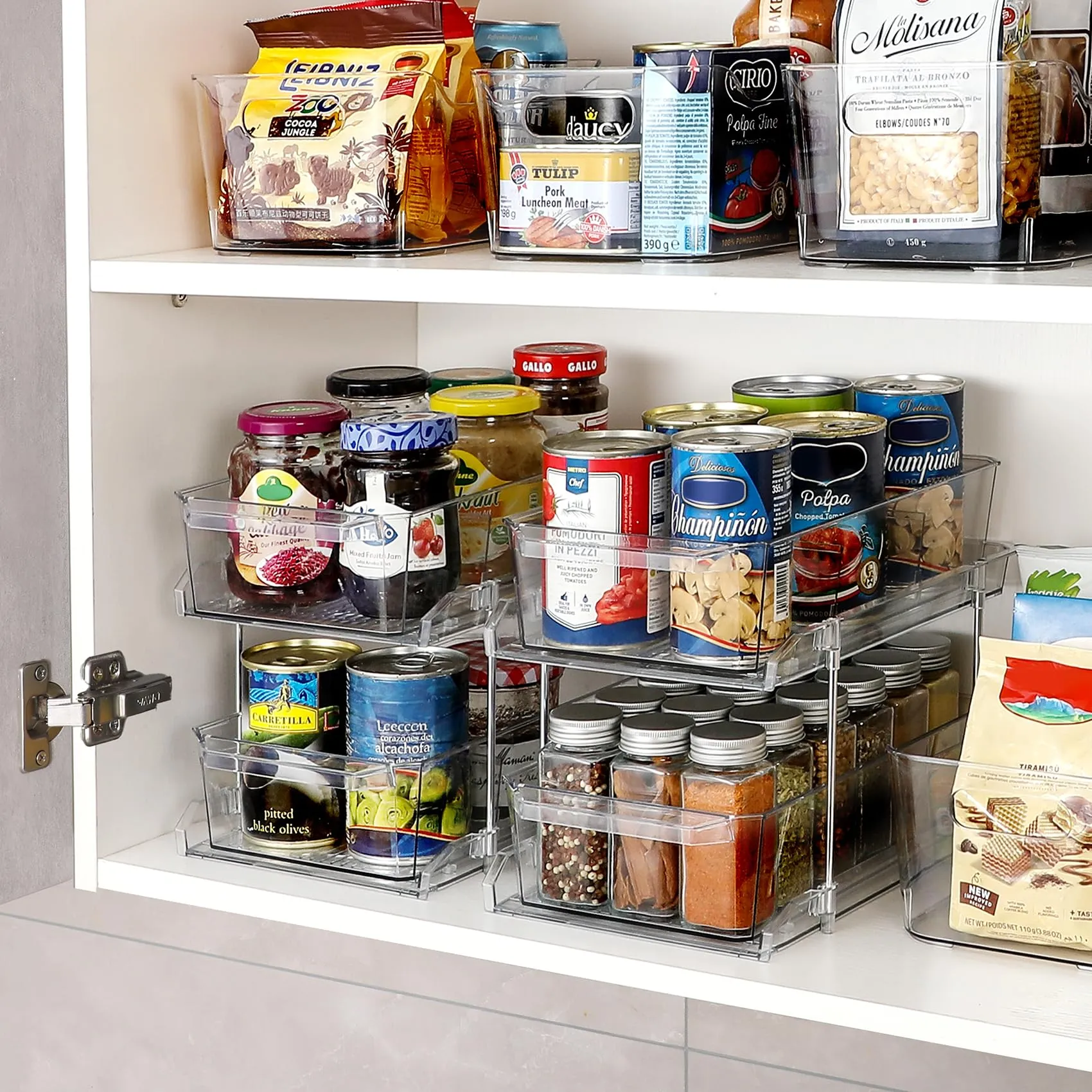 2 Set, 2 Tier Clear Organizer with Dividers for Cabinet, Shlef, Counter - MultiUse Slide-Out Storage Container - Kitchen, Pantry, Medicine Cupboard Bins, Bathroom, Vanity Makeup, Under Sink Organizing