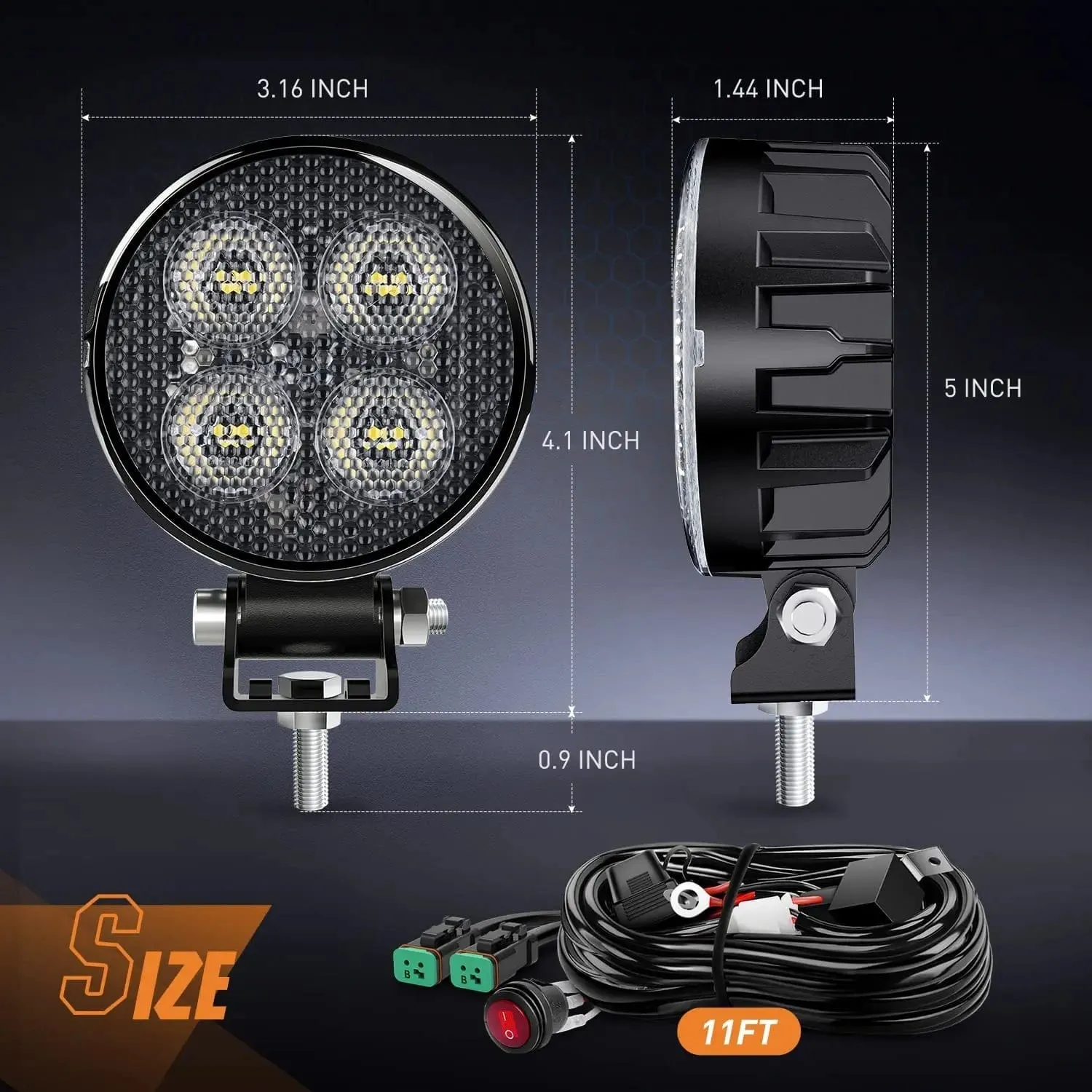 3 Inch 12W 1500LM Round Flood Built-in EMC LED Work Lights (Pair) | 16AWG DT Wire
