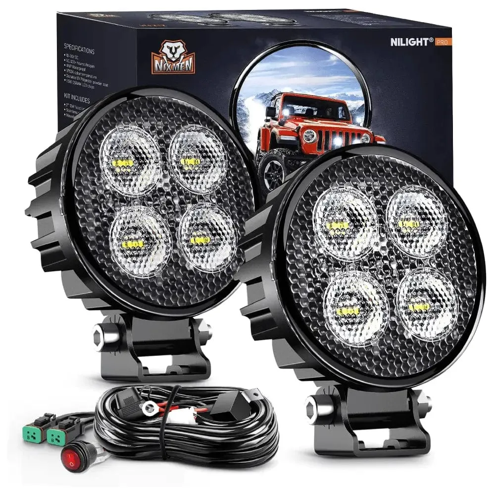 3 Inch 12W 1500LM Round Flood Built-in EMC LED Work Lights (Pair) | 16AWG DT Wire