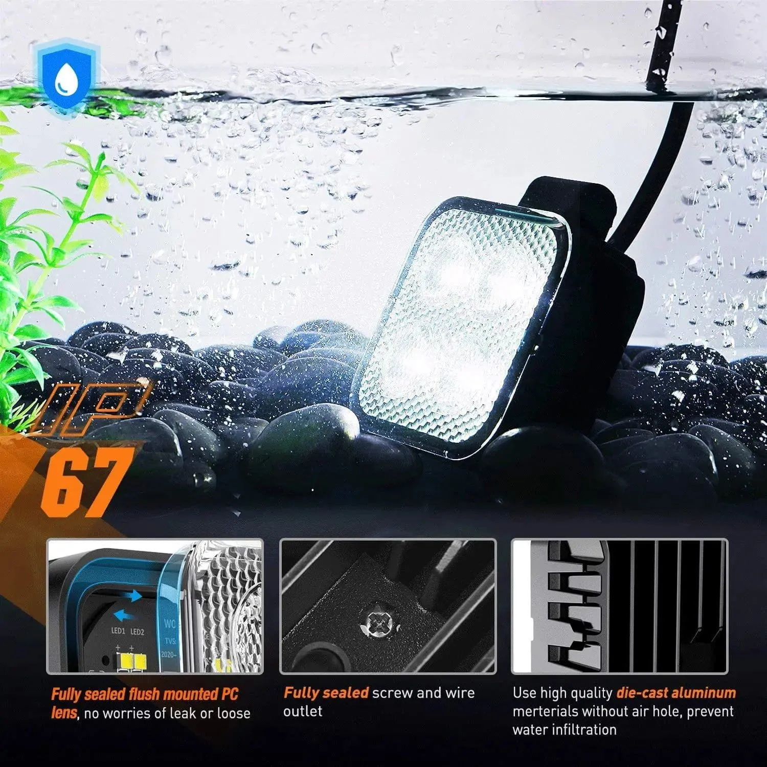 3 Inch 12W 1500LM Square Flood Built-in EMC Led Work Lights (Pair)