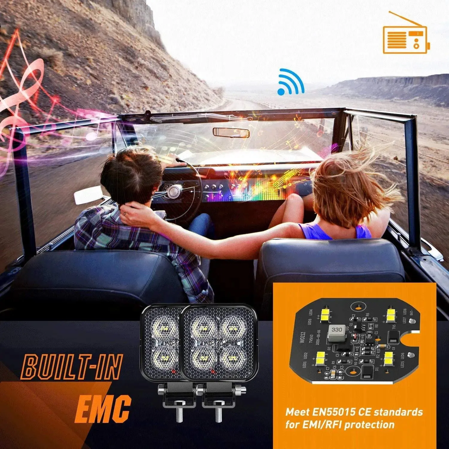 3 Inch 12W 1500LM Square Flood Built-in EMC Led Work Lights (Pair)