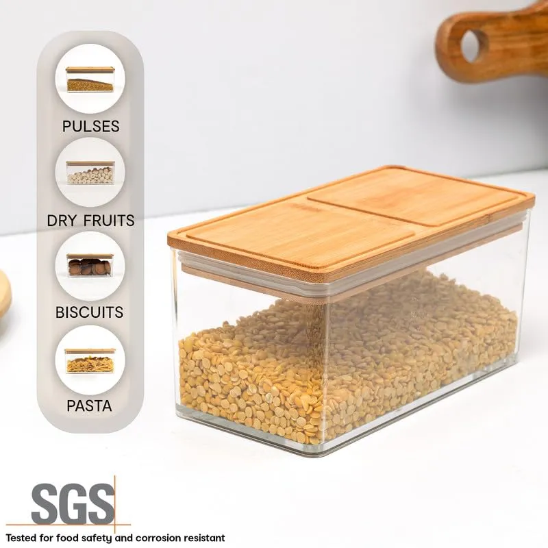 Anko 1 Litre Acrylic Airtight Food Storage Container With Bamboo Wood Lid - Pack of 4|BPA-free Multi-utility Leak-proof Clear Acrylic Container for Spices, Herbs, Nuts,Cereals and other Condiments