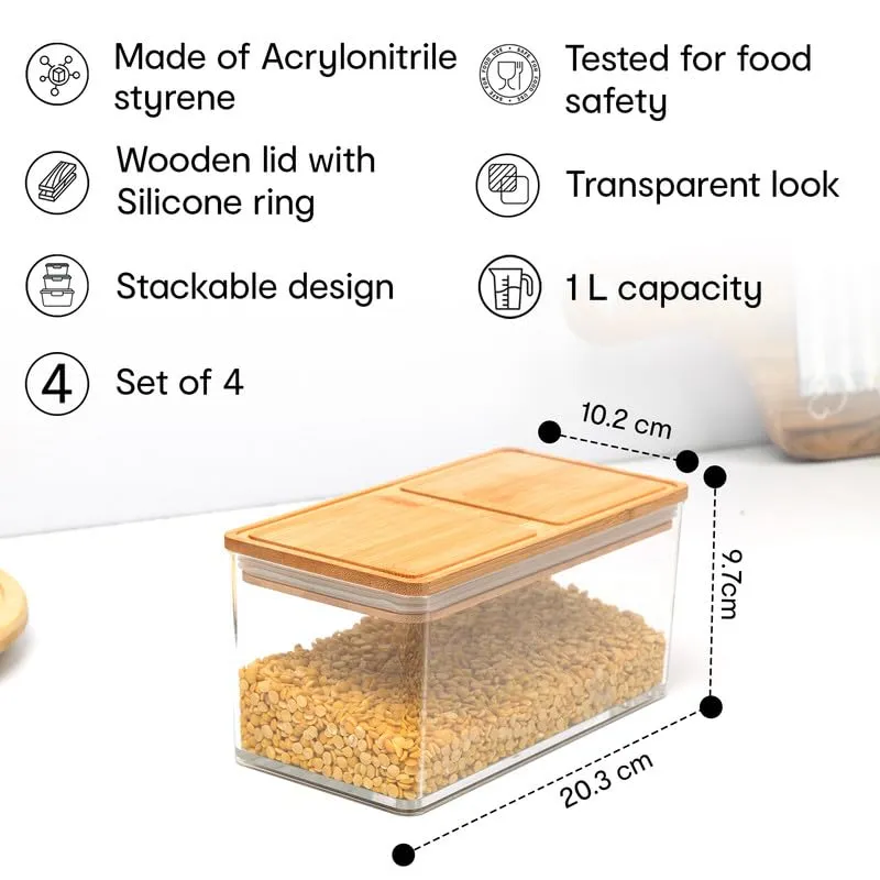 Anko 1 Litre Acrylic Airtight Food Storage Container With Bamboo Wood Lid - Pack of 4|BPA-free Multi-utility Leak-proof Clear Acrylic Container for Spices, Herbs, Nuts,Cereals and other Condiments