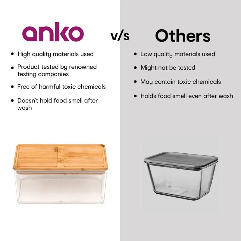 Anko 1 Litre Acrylic Airtight Food Storage Container With Bamboo Wood Lid - Pack of 4|BPA-free Multi-utility Leak-proof Clear Acrylic Container for Spices, Herbs, Nuts,Cereals and other Condiments