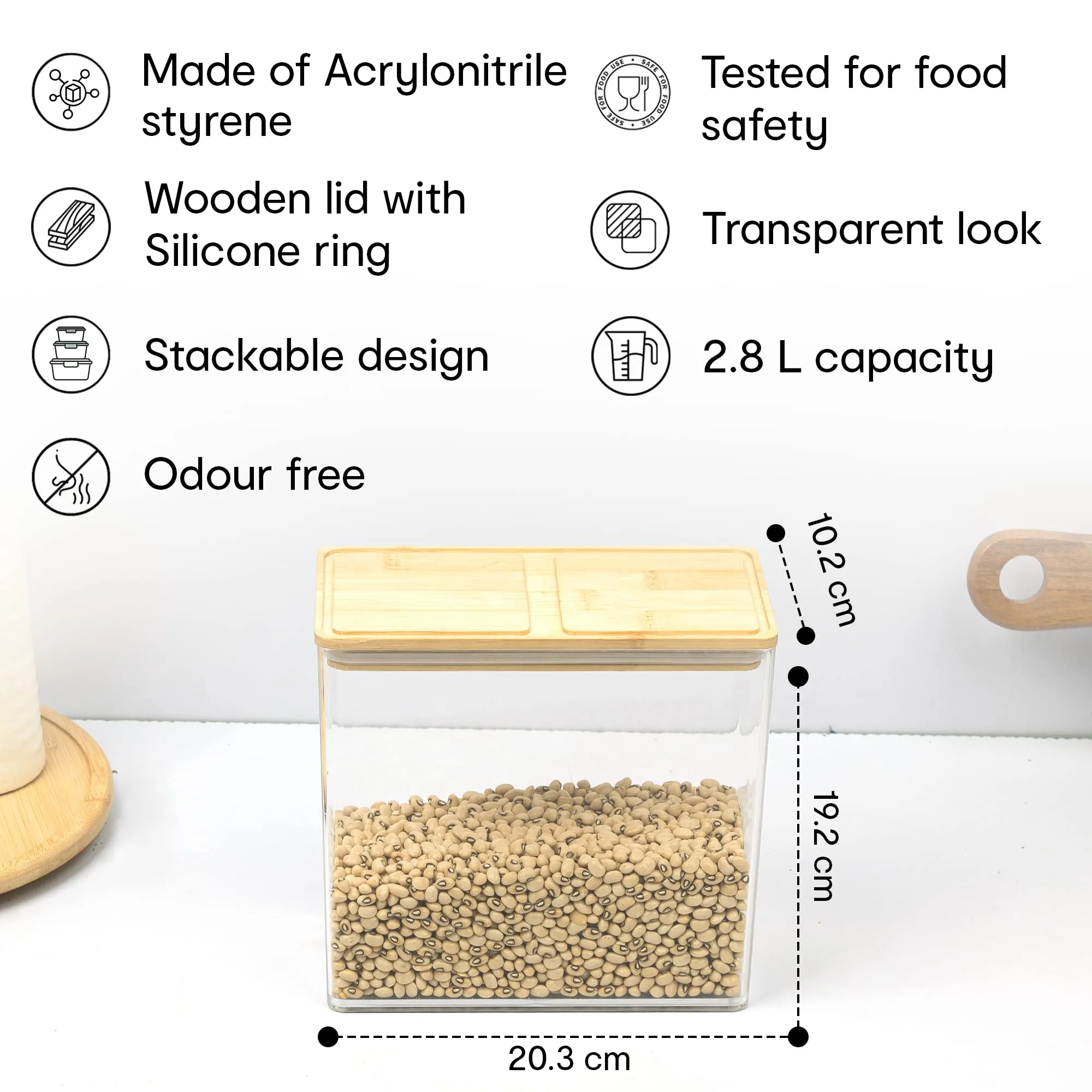 Anko 2.8 Litre Tall Acrylic Airtight Food Storage Container With Bamboo Wood Lid | BPA-free Multi-utility Leak-proof Clear Acrylic Container for Spices, Dried Herbs, Nuts,Cereals and other Condiments