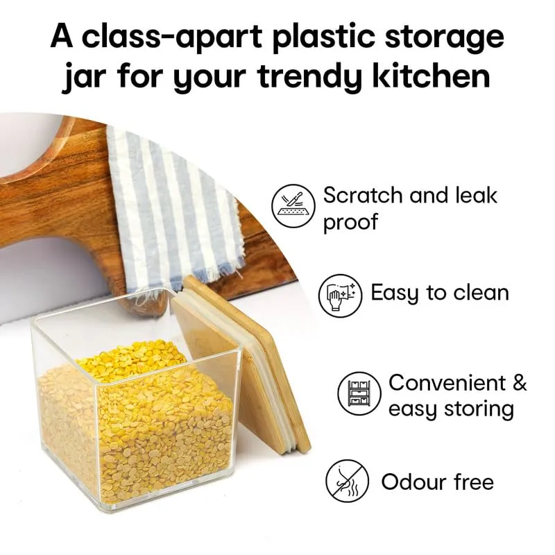 Anko 500 ML Acrylic Airtight Food Storage Container With Bamboo Wood Lid - Pack of 4|BPA-free Multi-utility Leak-proof Clear Acrylic Container for Spices, Dried Herbs, Nuts and Other Condiments