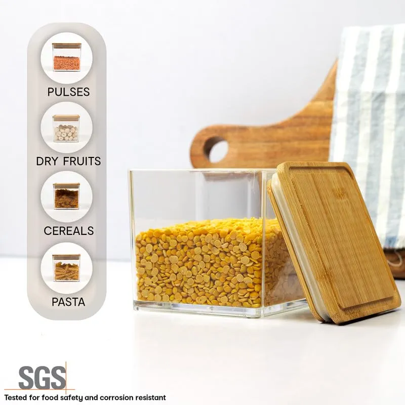 Anko 500 ML Acrylic Airtight Food Storage Container With Bamboo Wood Lid - Pack of 4|BPA-free Multi-utility Leak-proof Clear Acrylic Container for Spices, Dried Herbs, Nuts and Other Condiments