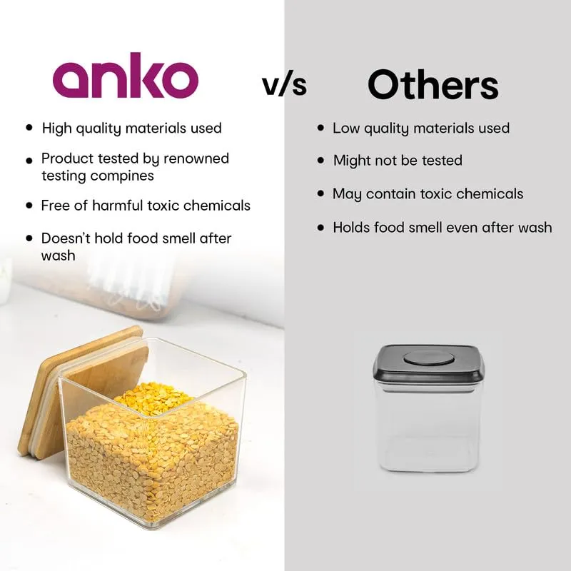 Anko 500 ML Acrylic Airtight Food Storage Container With Bamboo Wood Lid - Pack of 4|BPA-free Multi-utility Leak-proof Clear Acrylic Container for Spices, Dried Herbs, Nuts and Other Condiments