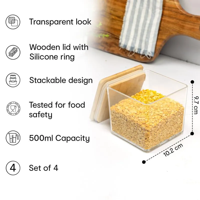 Anko 500 ML Acrylic Airtight Food Storage Container With Bamboo Wood Lid - Pack of 4|BPA-free Multi-utility Leak-proof Clear Acrylic Container for Spices, Dried Herbs, Nuts and Other Condiments