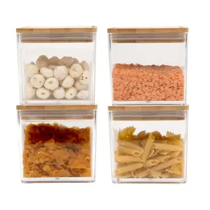 Anko 500 ML Acrylic Airtight Food Storage Container With Bamboo Wood Lid - Pack of 4|BPA-free Multi-utility Leak-proof Clear Acrylic Container for Spices, Dried Herbs, Nuts and Other Condiments