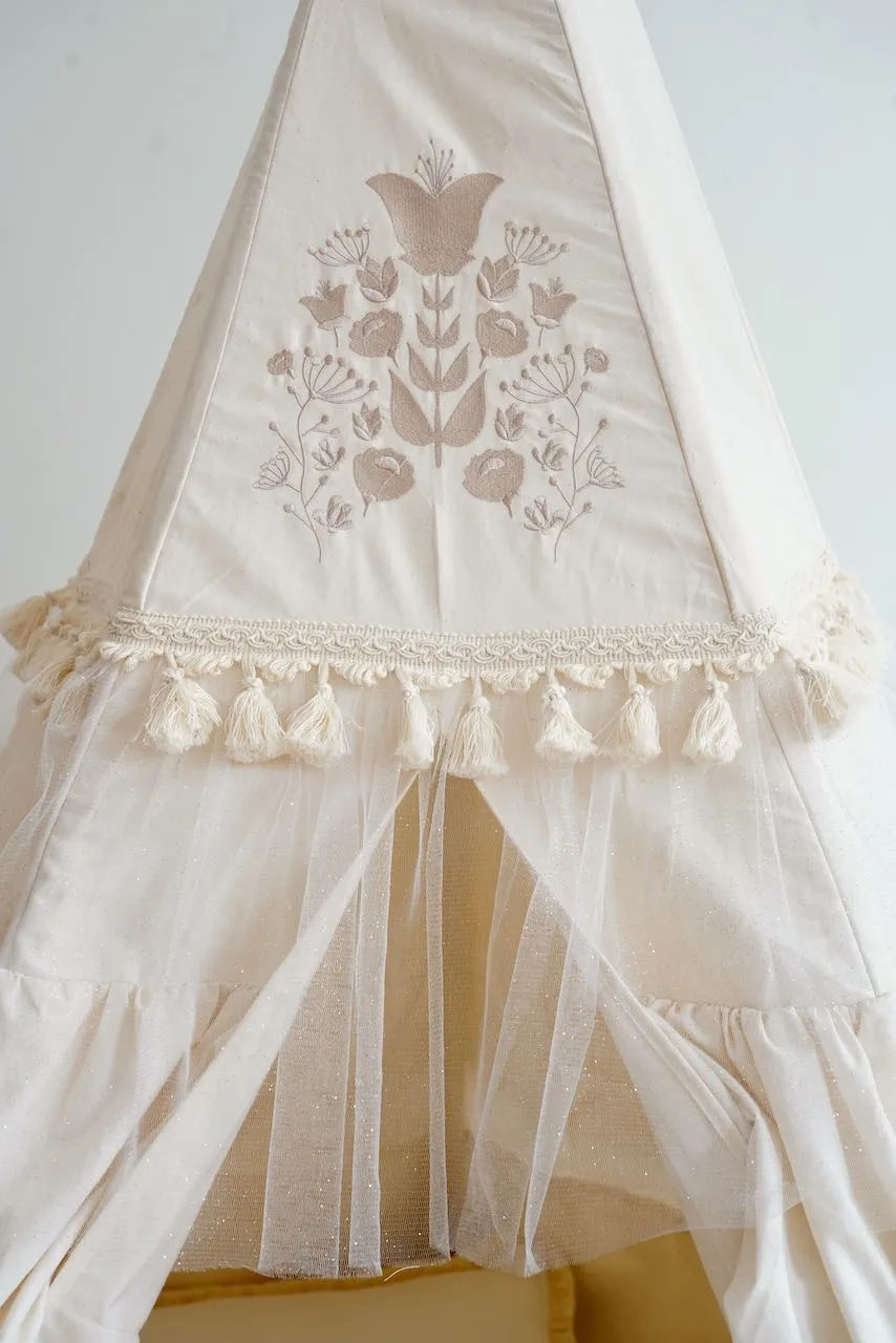 “Boho” Teepee Tent with Frills and Embroidery