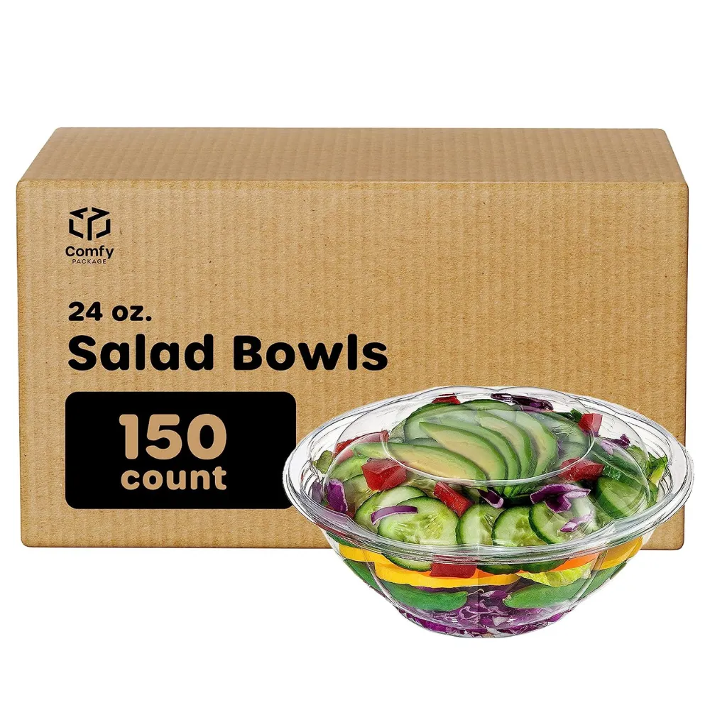 [Case of 150] 24 oz. Plastic Salad Bowls To-Go With Airtight Lids
