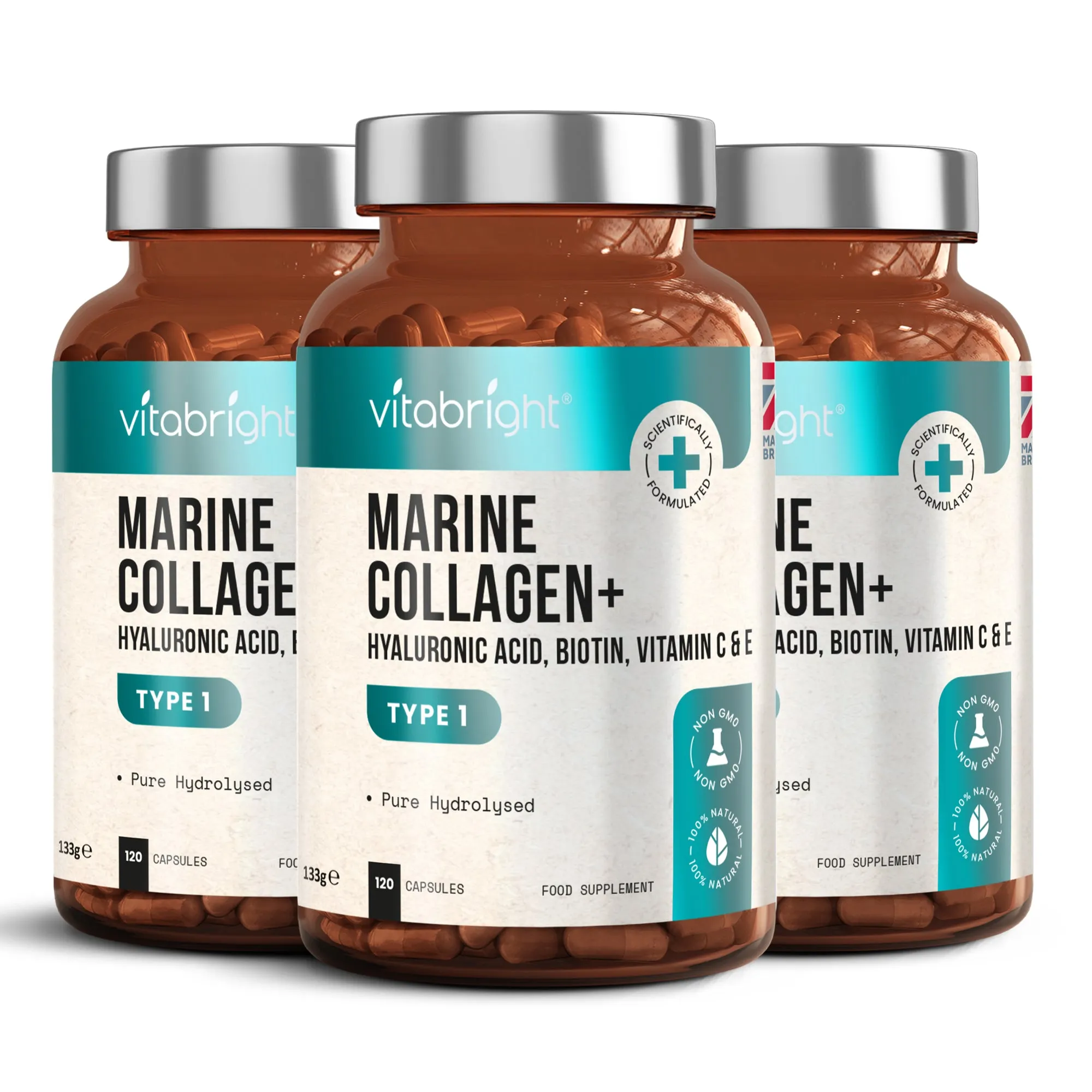 Collagen capsules, 120 x High strength Hydrolysed Marine Collagen Type 1, 1165mg