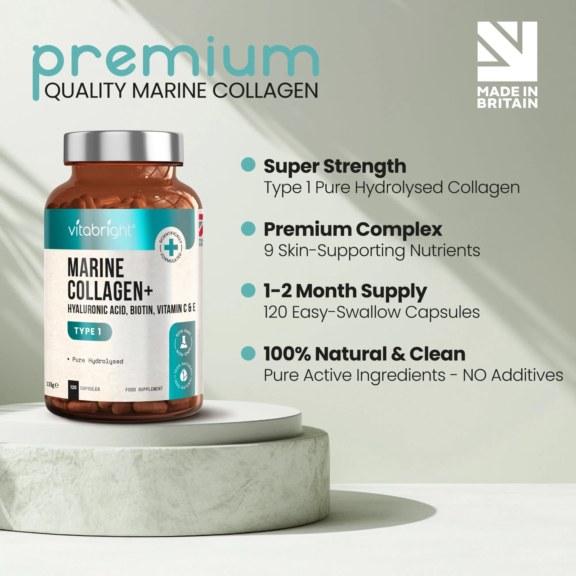 Collagen capsules, 120 x High strength Hydrolysed Marine Collagen Type 1, 1165mg
