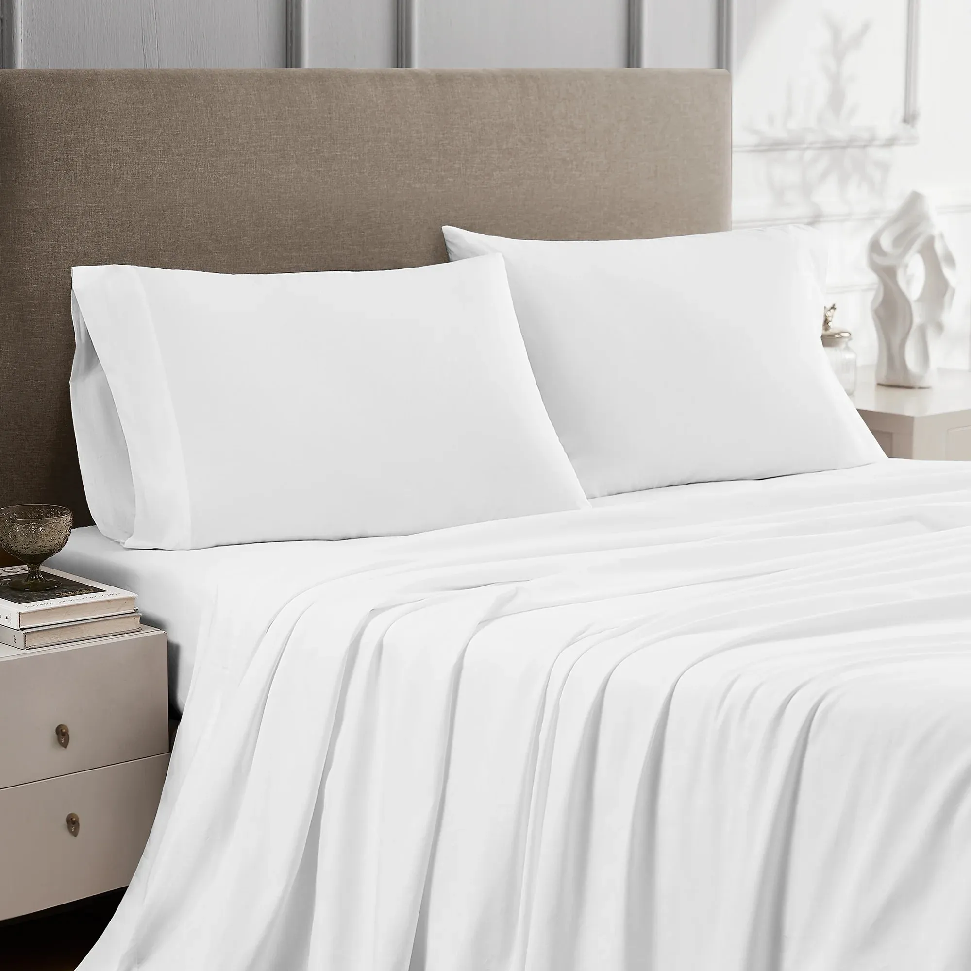 Color Sense 100% Cotton Percale Cool & Crisp 4-Piece Sheet Set Queen White