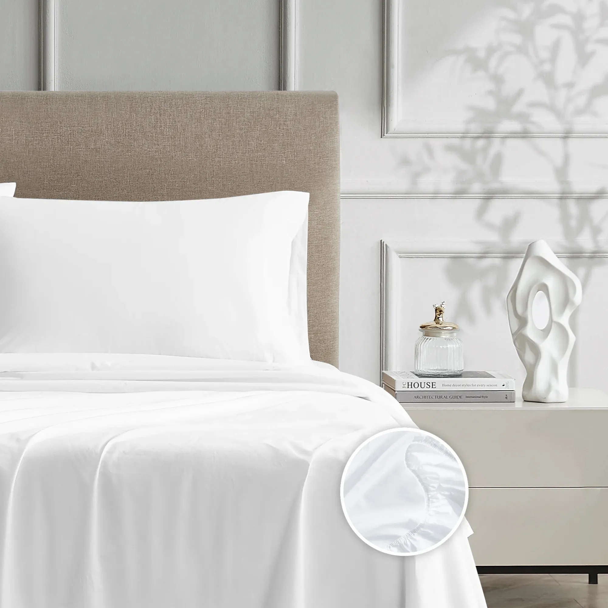 Color Sense 100% Cotton Percale Cool & Crisp 4-Piece Sheet Set Queen White