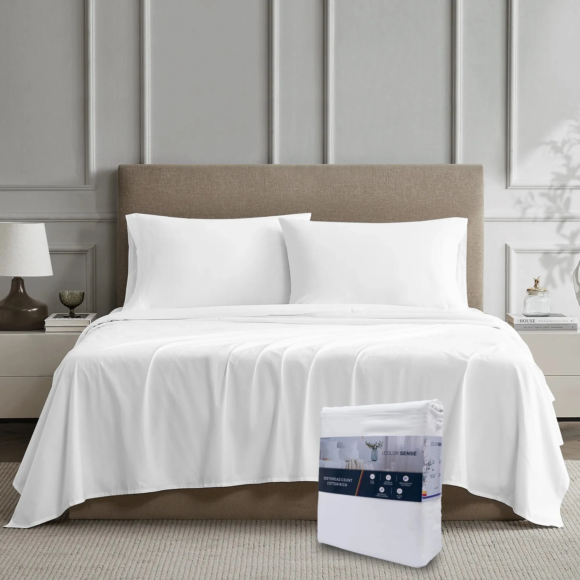 Color Sense 100% Cotton Percale Cool & Crisp 4-Piece Sheet Set Queen White