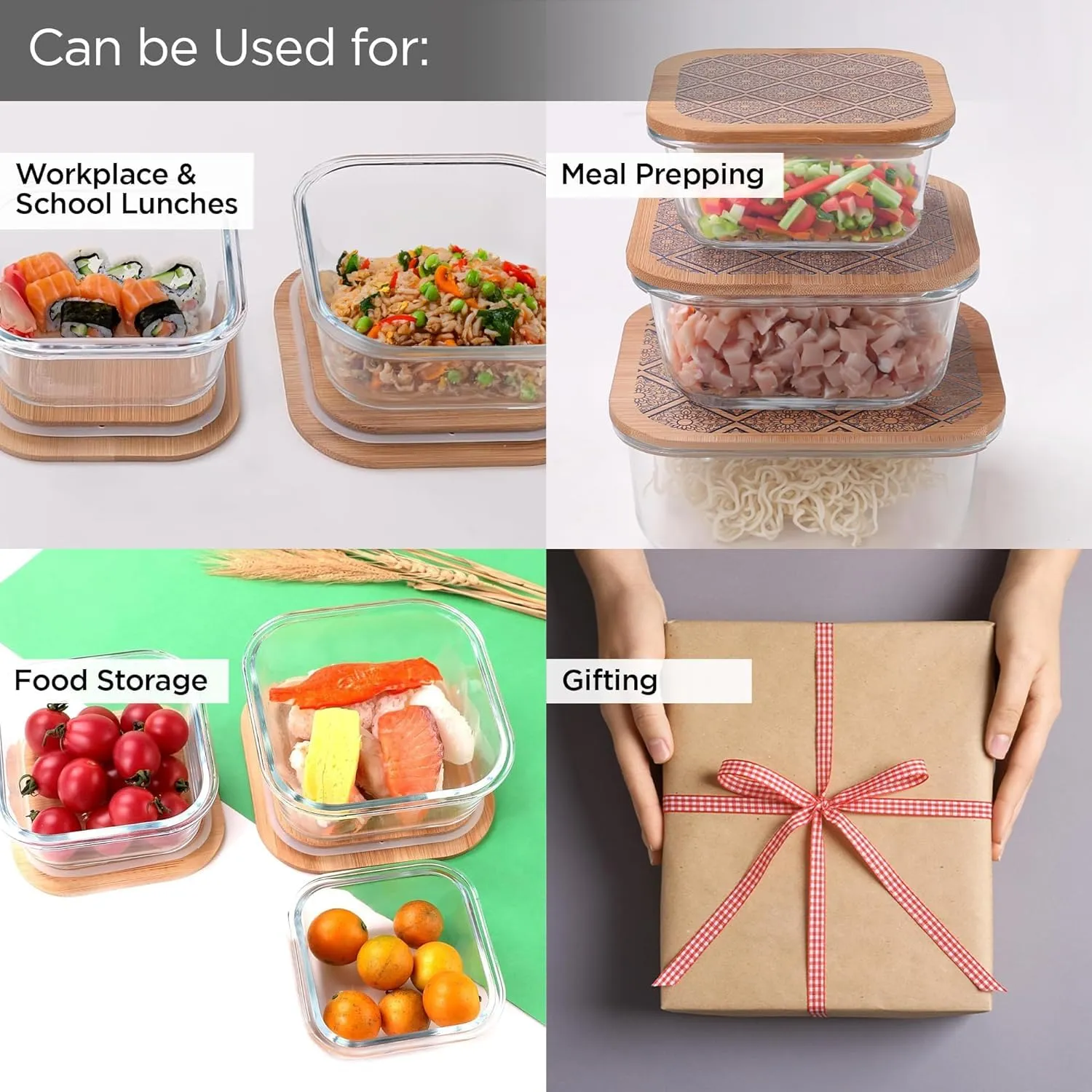 Homestic Pack of 3 Borosilicate Glass Kitchen Containers with Bamboo Lid | 310ml 510ml 800ml | Airtight Square Fridge Storage Boxes | Glass Jars for Cereal, Dry Fruits | Blue Pottery Print