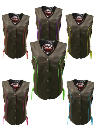 Ladies Made in USA Black Leather Motorcycle Vest with Purple Trim Side Laces