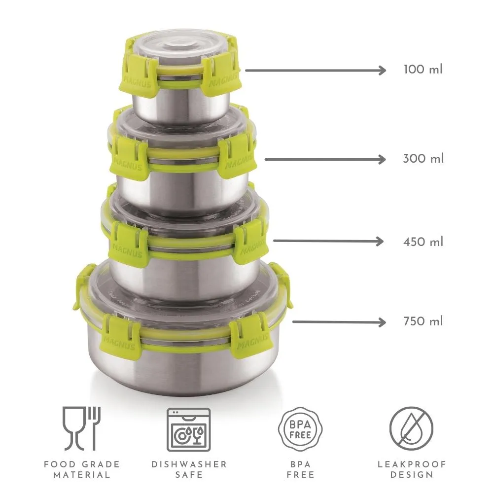 Magnus Klip Lock Airtight & Leakproof Containers (100ml, 300ml, 450ml & 750ml) - Set of 04