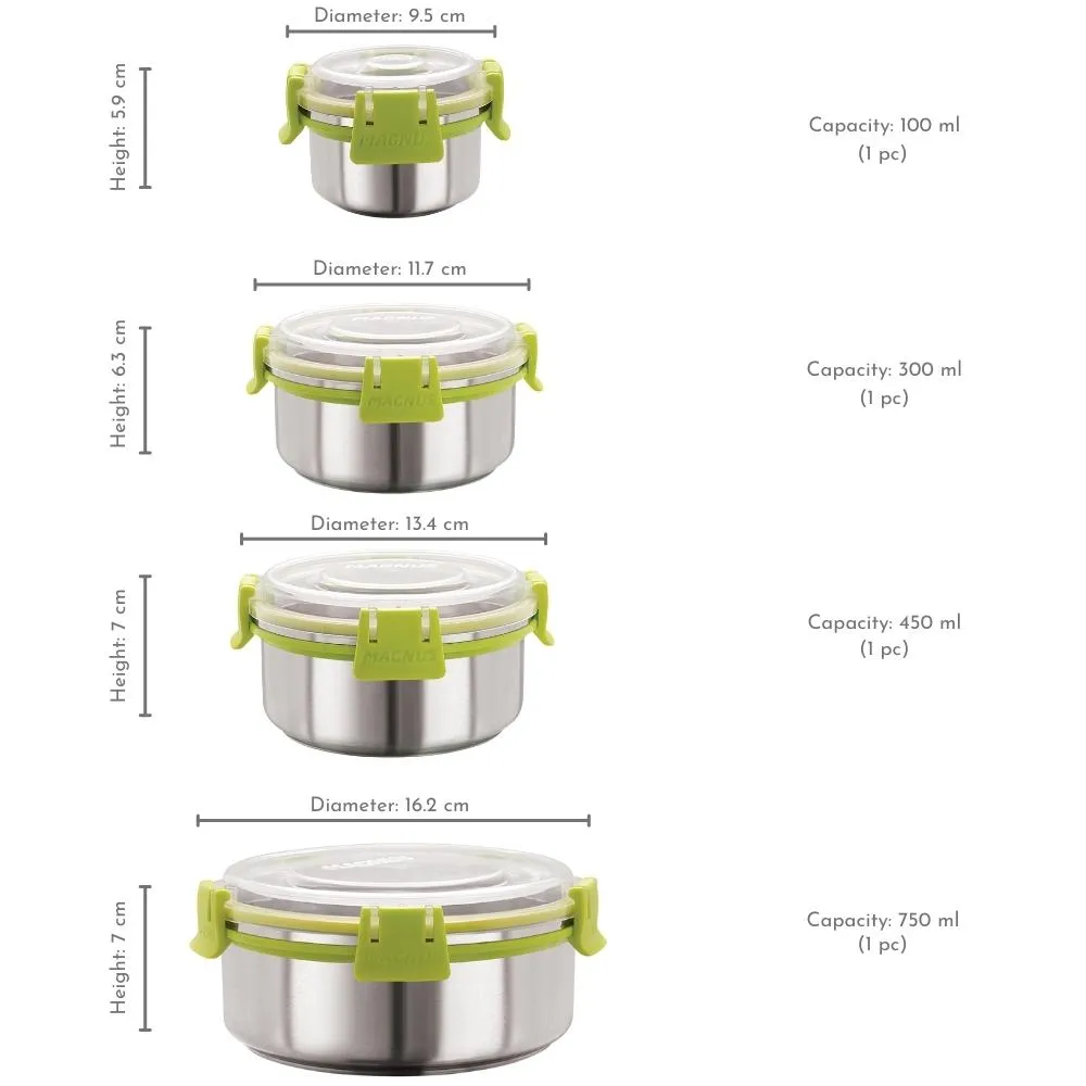 Magnus Klip Lock Airtight & Leakproof Containers (100ml, 300ml, 450ml & 750ml) - Set of 04