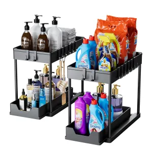 mosala Under Sink Organizers and Storage 2 Pack - 2 Tier Sliding Bathroom Cabinet Organizer with Hooks - Multi-Purpose Under The Sink Organizer Kitchen - Black