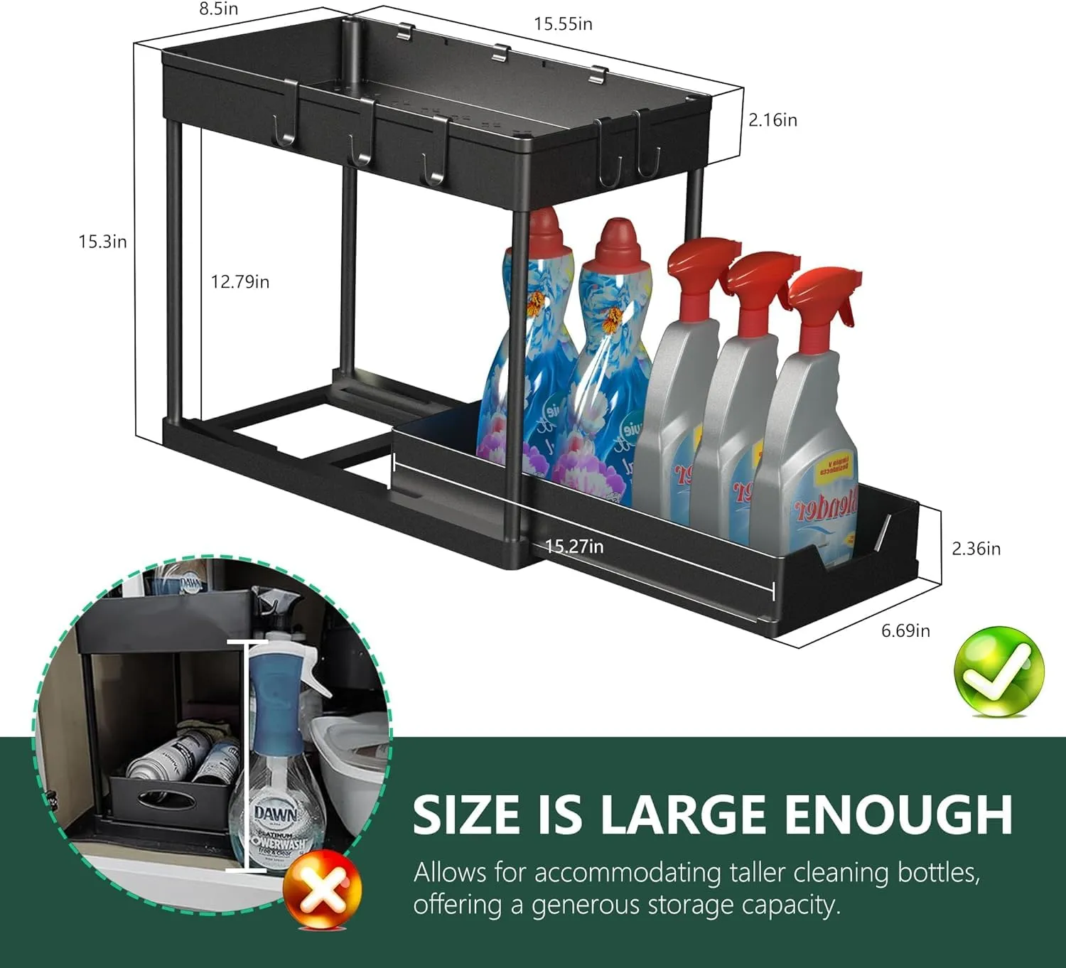 mosala Under Sink Organizers and Storage 2 Pack - 2 Tier Sliding Bathroom Cabinet Organizer with Hooks - Multi-Purpose Under The Sink Organizer Kitchen - Black
