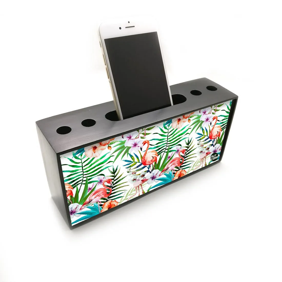 Pen Mobile Stand Holder Desk Organizer - Flamingos With White Flower