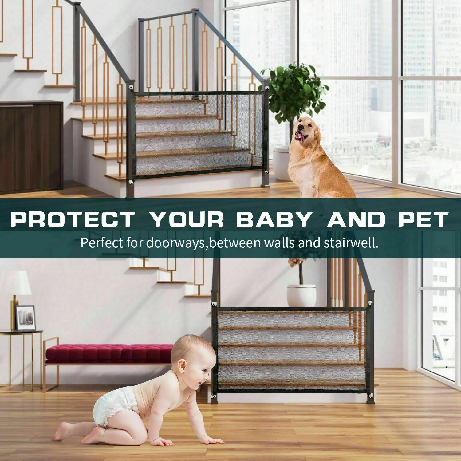 Pets Dog Cat Baby Safety Gate Mesh Fence Magic Portable Guard Net Stairs Doors Valla para perros y mascotas, puerta de seguridad