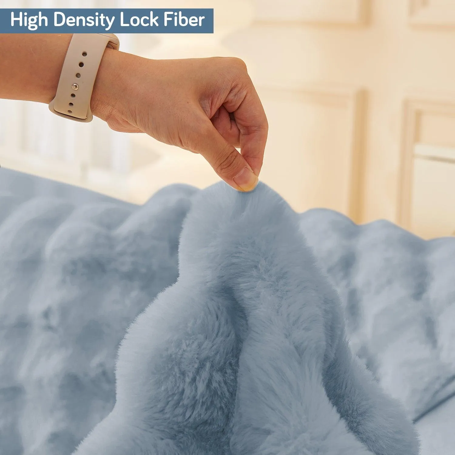 Premium Faux Rabbit Fur Sofa Mat for L Shape Sofa (3 2 Seater), Charm Blue