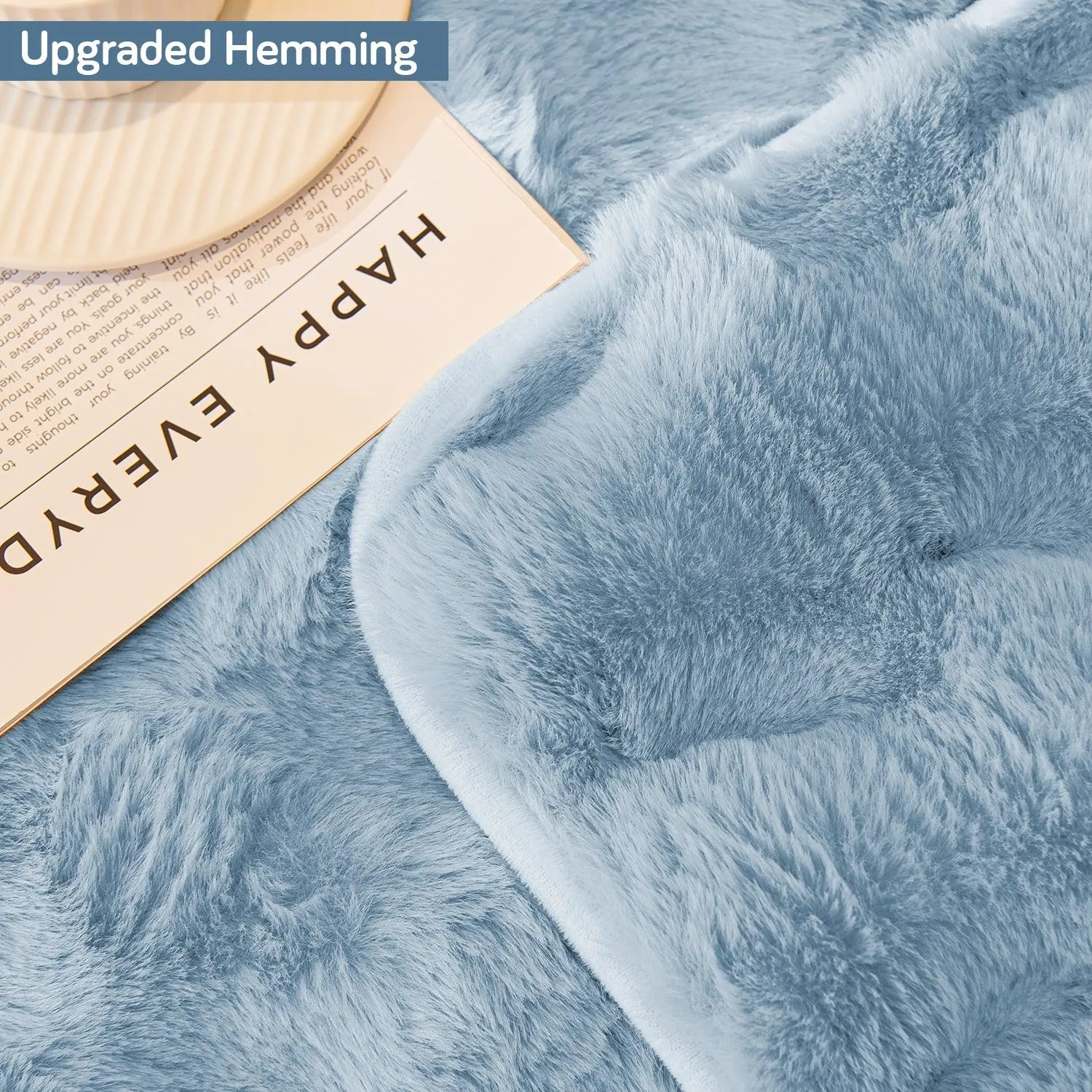 Premium Faux Rabbit Fur Sofa Mat for L Shape Sofa (3 2 Seater), Charm Blue