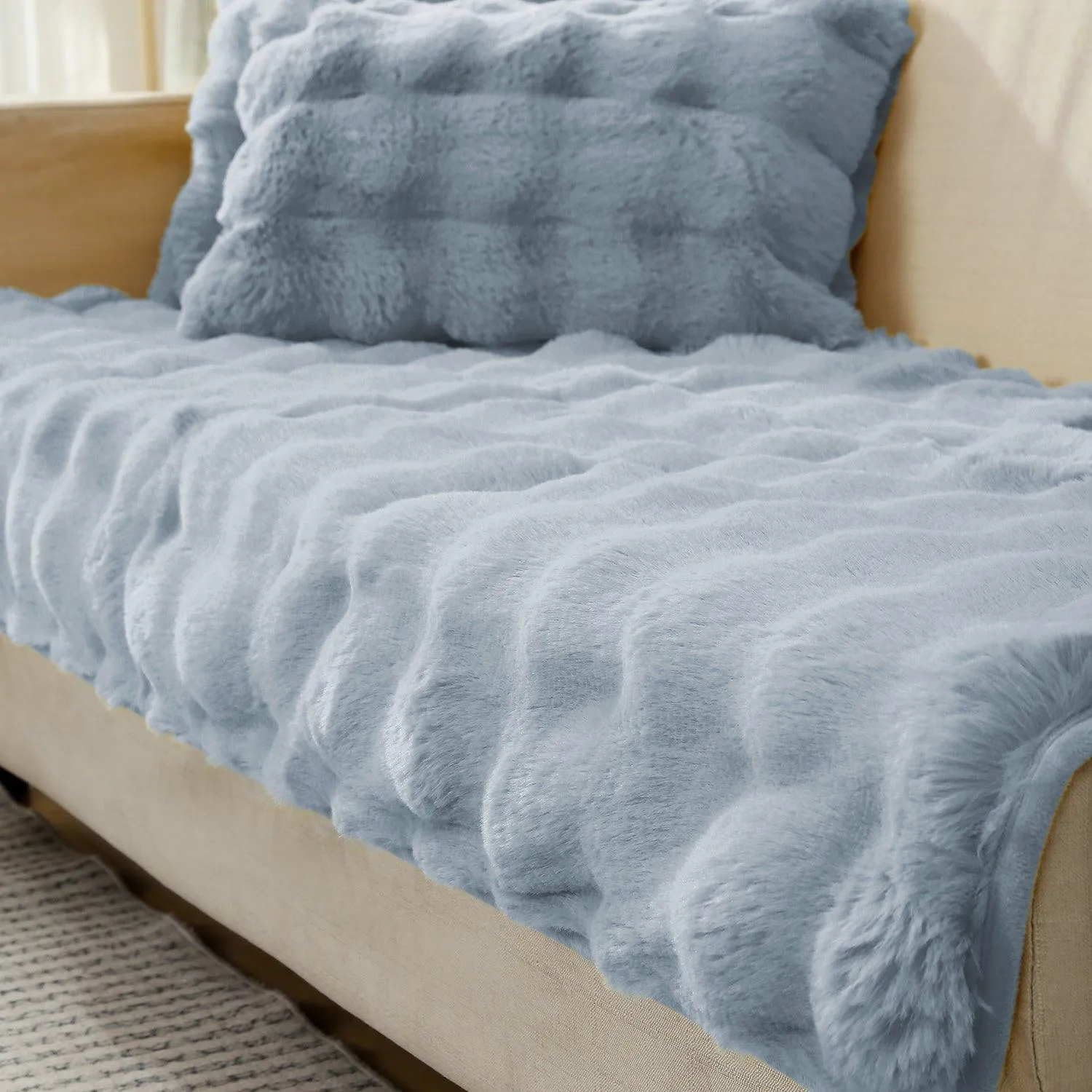 Premium Faux Rabbit Fur Sofa Mat for L Shape Sofa (3 2 Seater), Charm Blue
