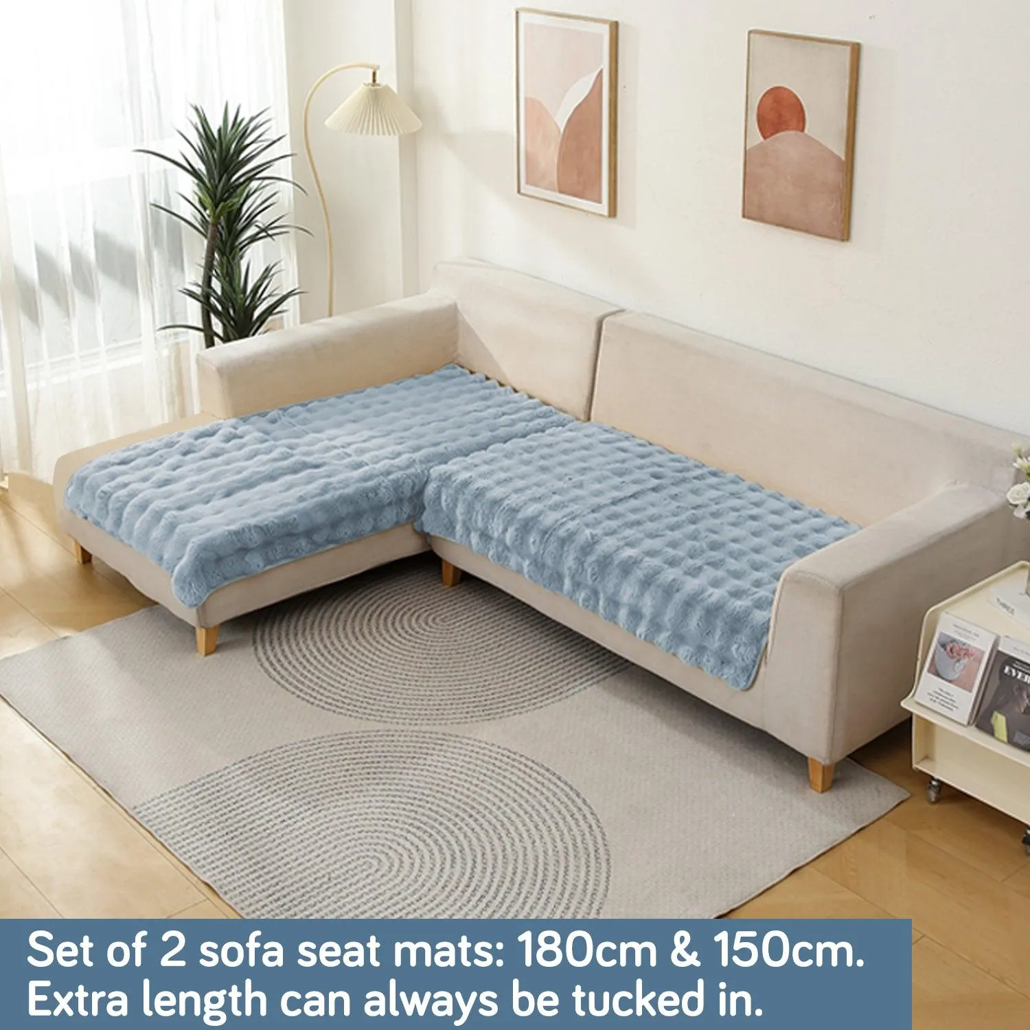 Premium Faux Rabbit Fur Sofa Mat for L Shape Sofa (3 2 Seater), Charm Blue