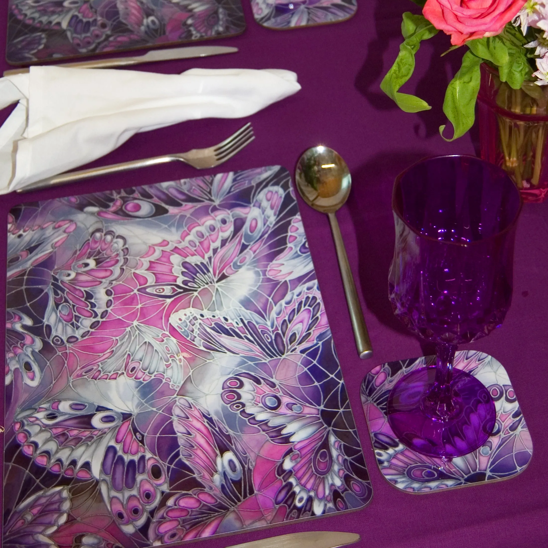 Purple Grey Placemats & Coasters - High Quality Table Mats - Purple Butterfly Tableware