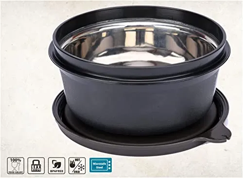 Signoraware Monarch Premium Steel Container Medium 350ml | 1 Stainless Steel Containers & Pickle Box| Leak Proof Microwave Safe, 350ml, Set of 1, Black
