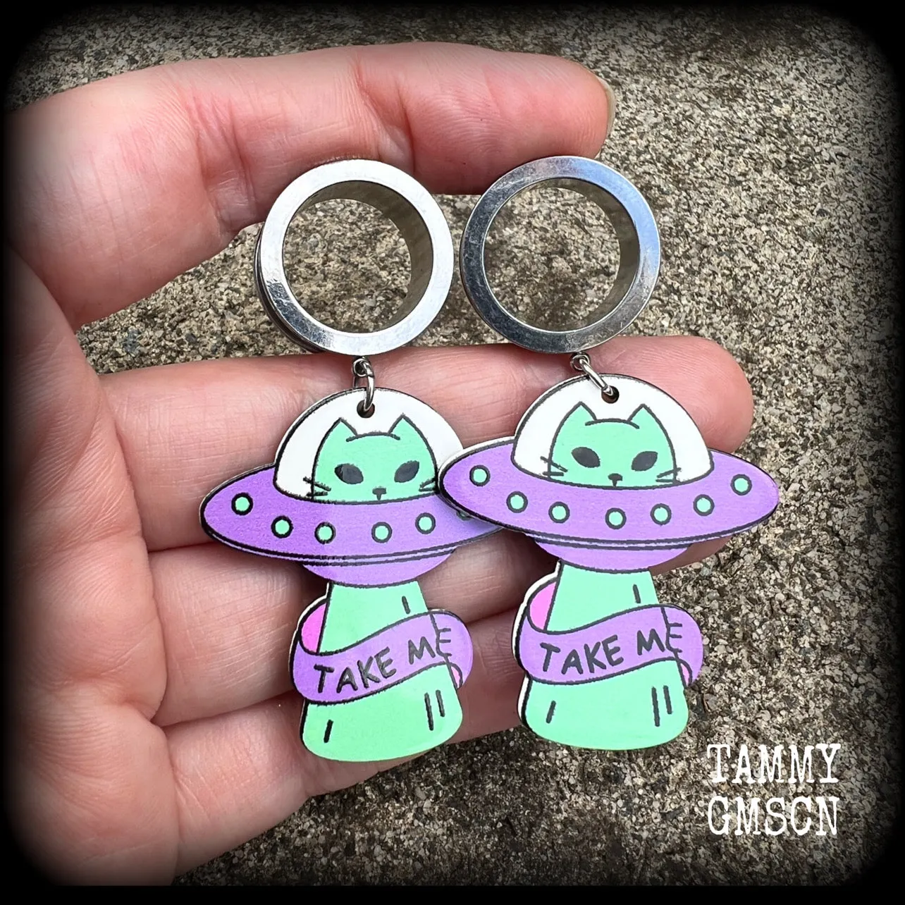 Space cat earrings-UFO tunnel earrings