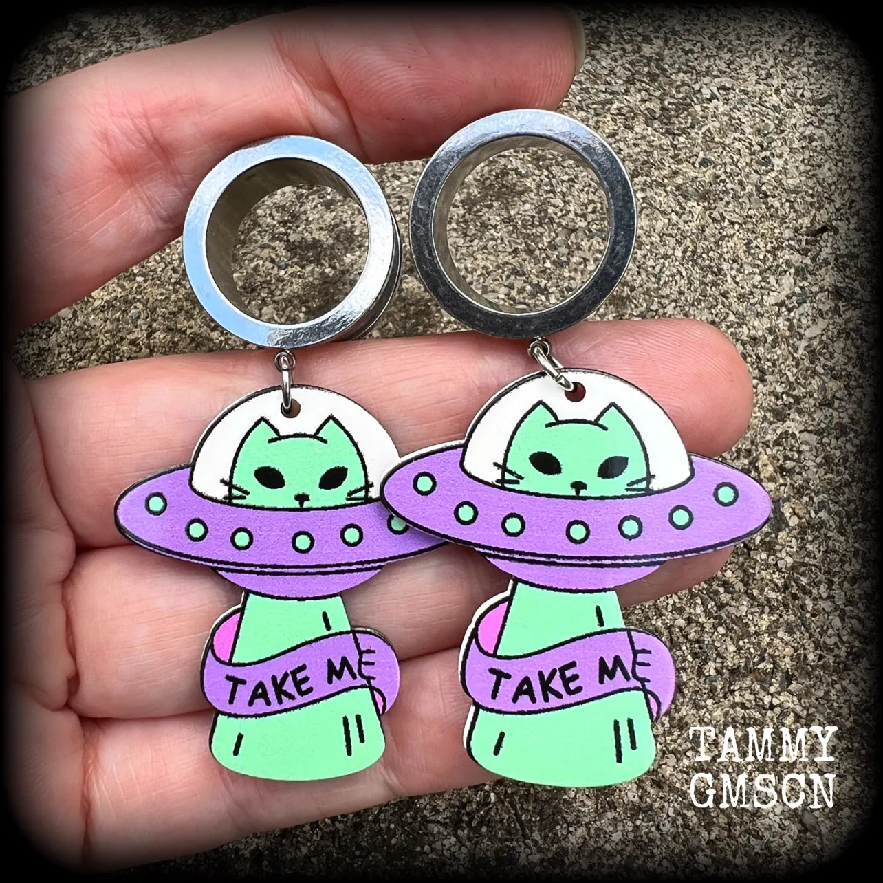 Space cat earrings-UFO tunnel earrings