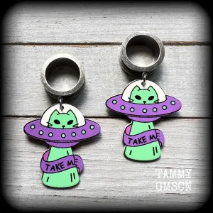 Space cat earrings-UFO tunnel earrings