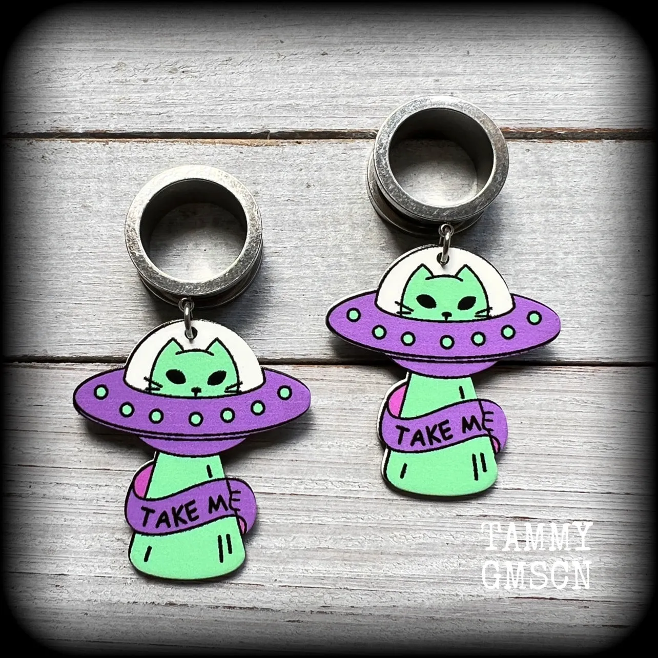 Space cat earrings-UFO tunnel earrings