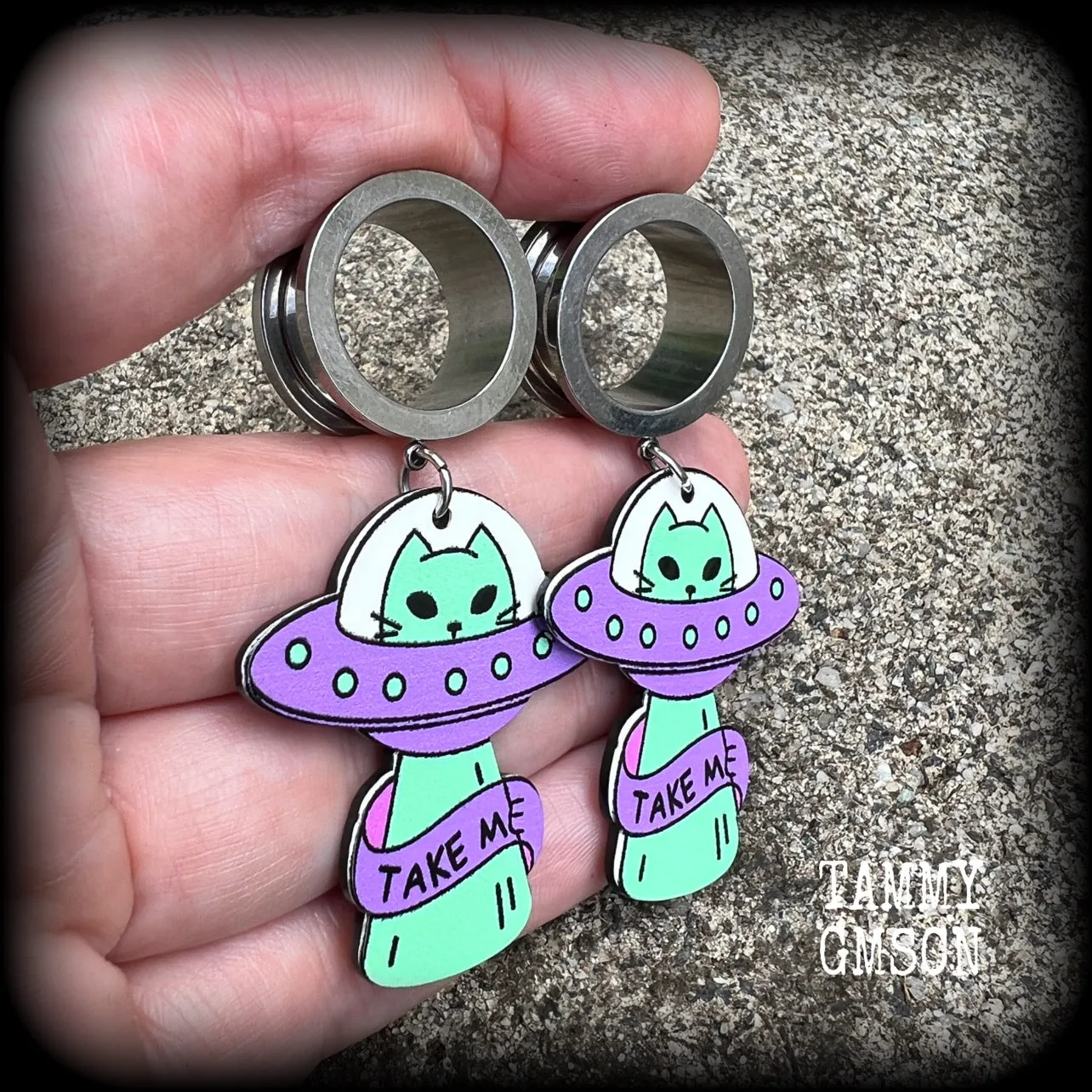Space cat earrings-UFO tunnel earrings