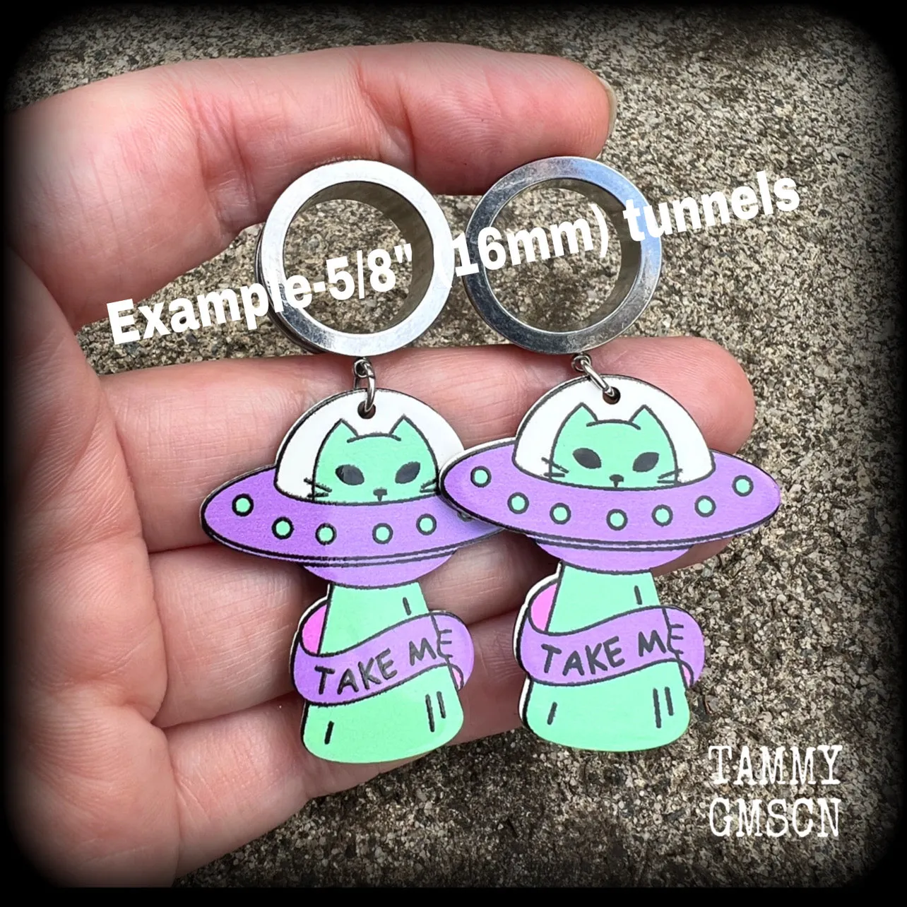 Space cat earrings-UFO tunnel earrings