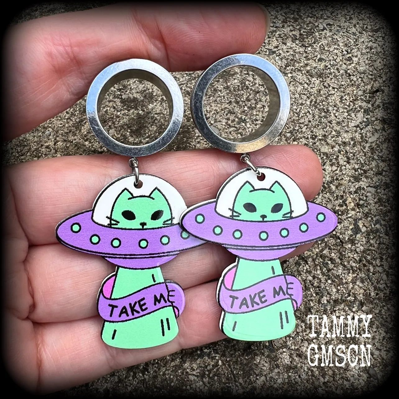 Space cat earrings-UFO tunnel earrings
