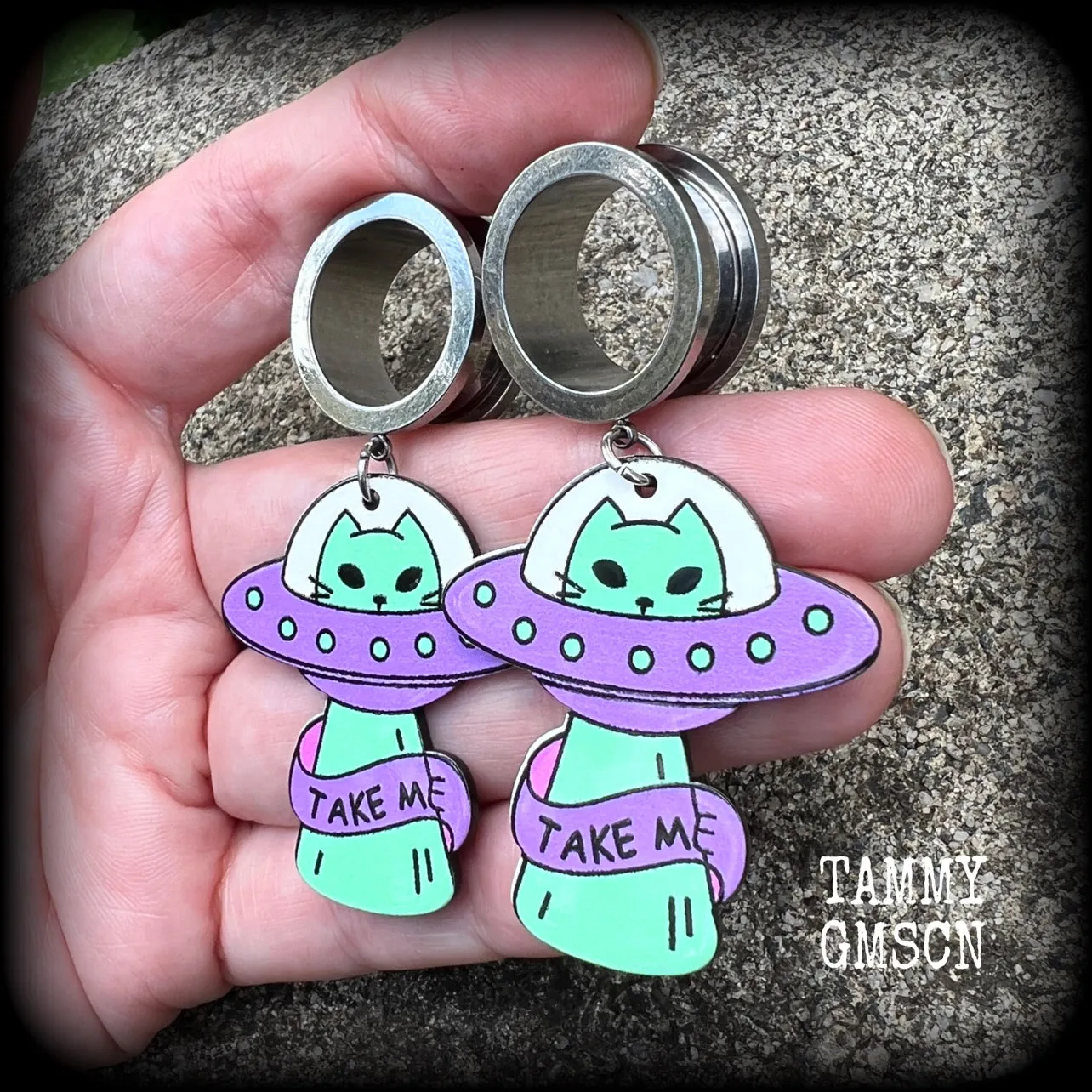 Space cat earrings-UFO tunnel earrings