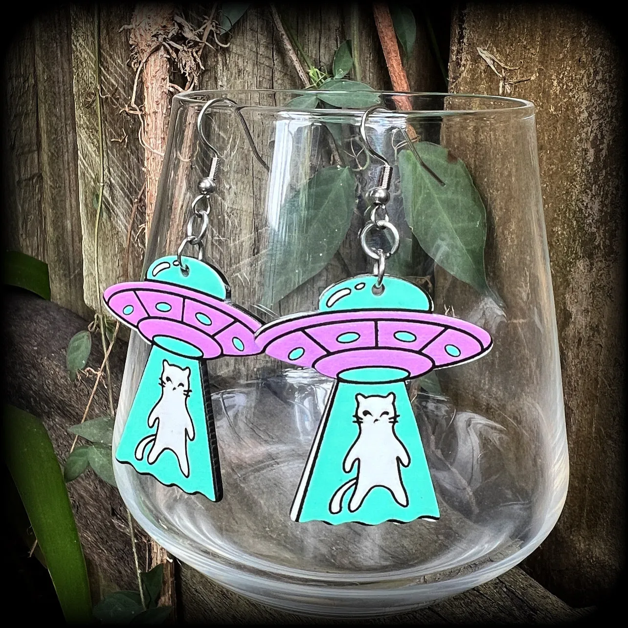 Space cat UFO earrings-Alien abduction earrings