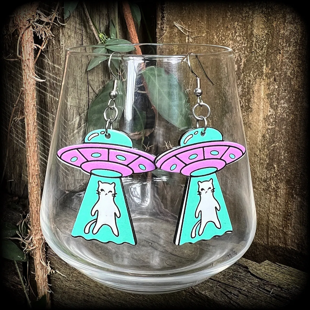 Space cat UFO earrings-Alien abduction earrings