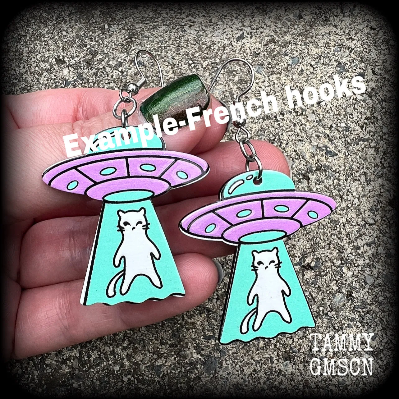 Space cat UFO earrings-Alien abduction earrings