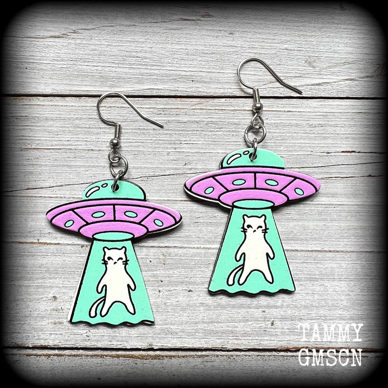 Space cat UFO earrings-Alien abduction earrings