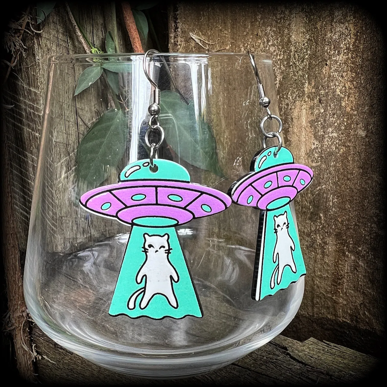 Space cat UFO earrings-Alien abduction earrings