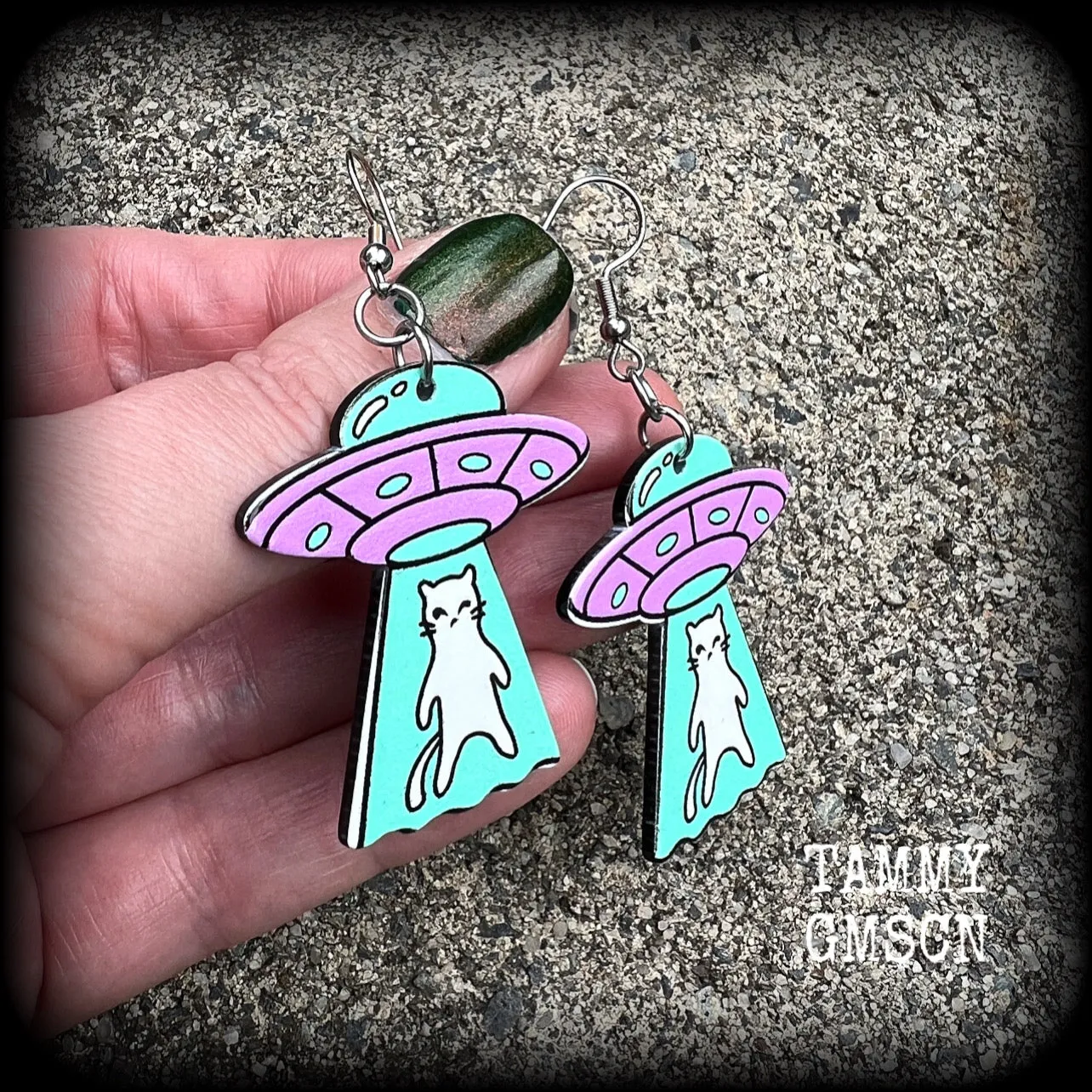 Space cat UFO earrings-Alien abduction earrings