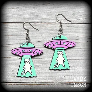 Space cat UFO earrings-Alien abduction earrings